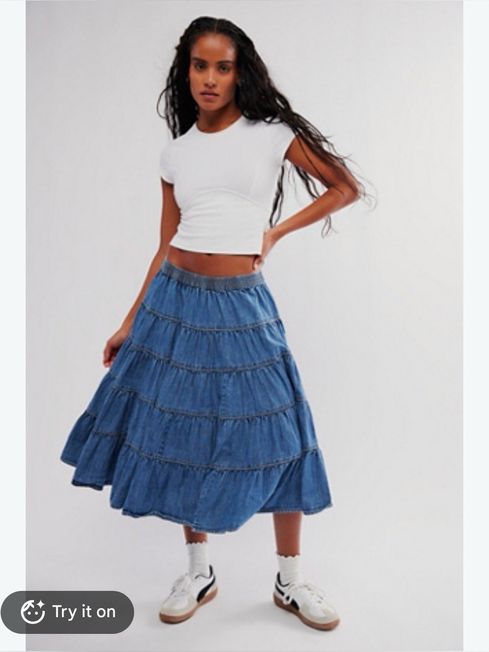 Free people in full swing chambray tiered midi denim jean skirt - S